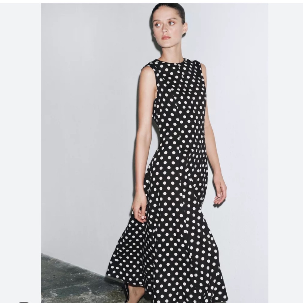 Zara NWT polka dot linen blend sleeveless midi dress black white 2183/057